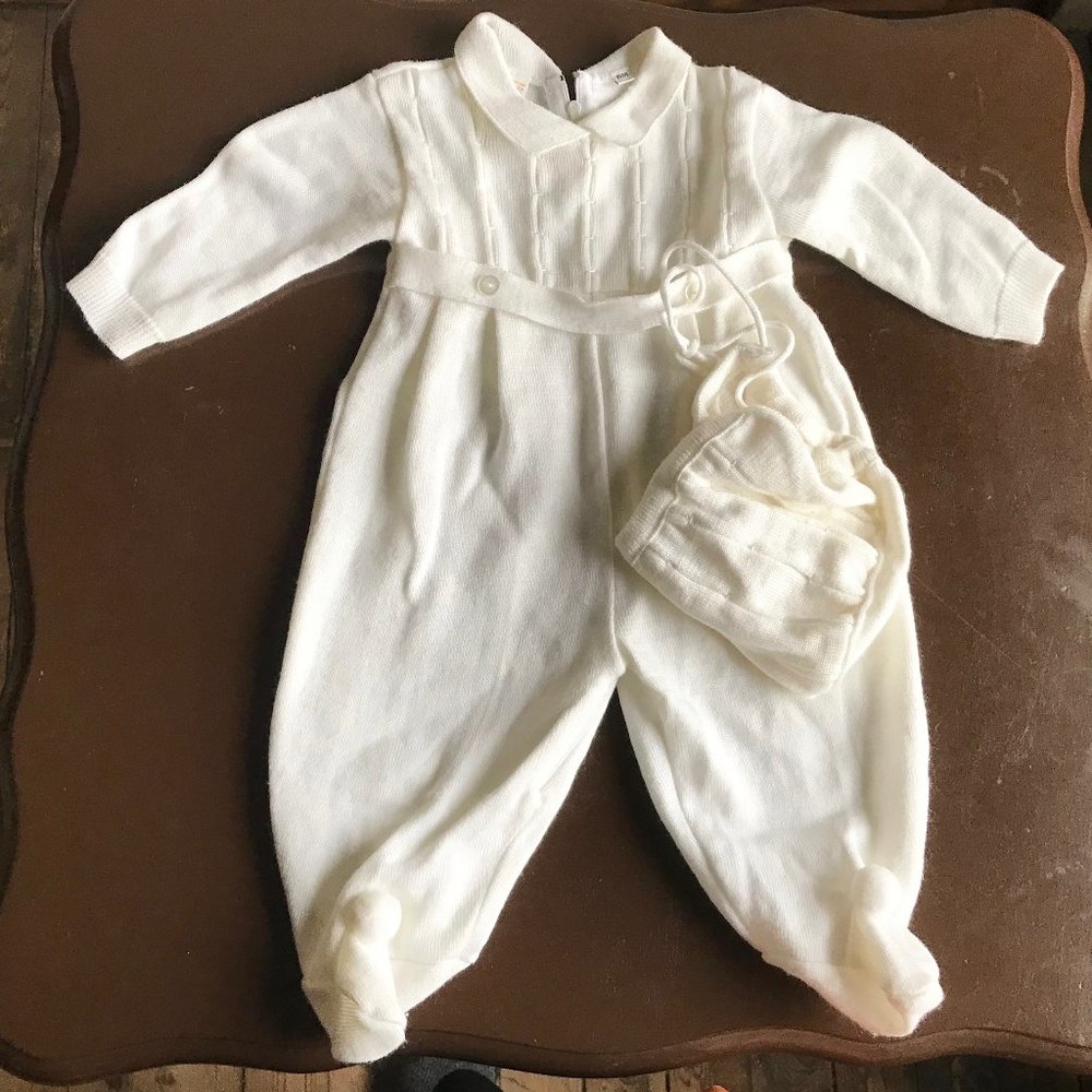1970s White Acrylic Baby Romper with Bonnet
